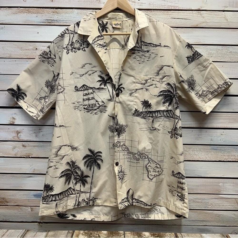 Vintage Royal Creations Cream Cotton Blend‎ Hawaiian Map Print Shirt XL